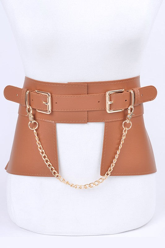 Chain Accent Faux Leather Skirt Belt featuring adjustable design and stylish chain detail.