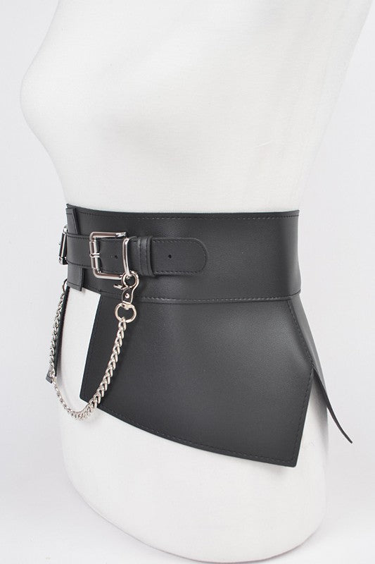 Chain Accent Faux Leather Skirt Belt featuring adjustable design and stylish chain detail.