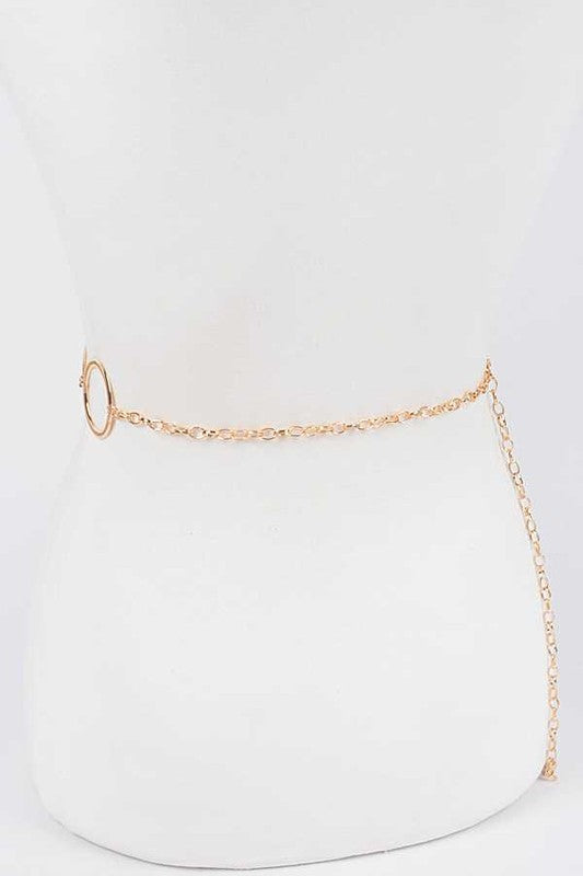 A stylish Iconic Rings Chain Belt featuring adjustable size, made of durable iron with iconic ring design.