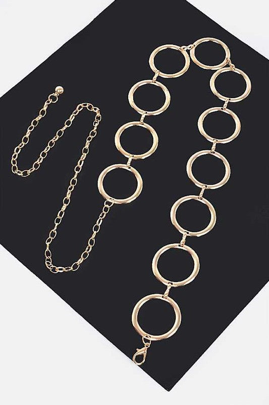 A stylish Iconic Rings Chain Belt featuring adjustable size, made of durable iron with iconic ring design.