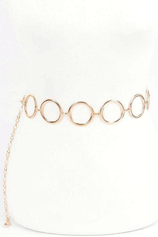 A stylish Iconic Rings Chain Belt featuring adjustable size, made of durable iron with iconic ring design.