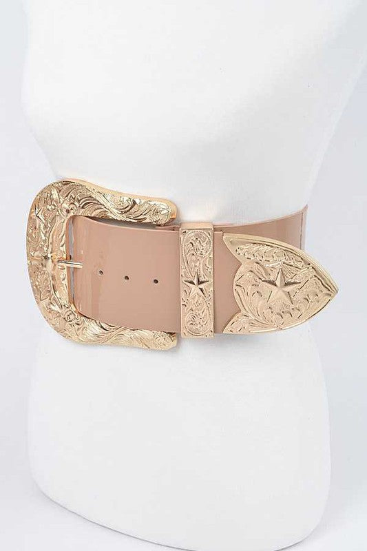 Plus Size Iconic Buckle Statement Patent Belt featuring a shiny patent finish and a bold buckle closure, designed for a stylish fit.
