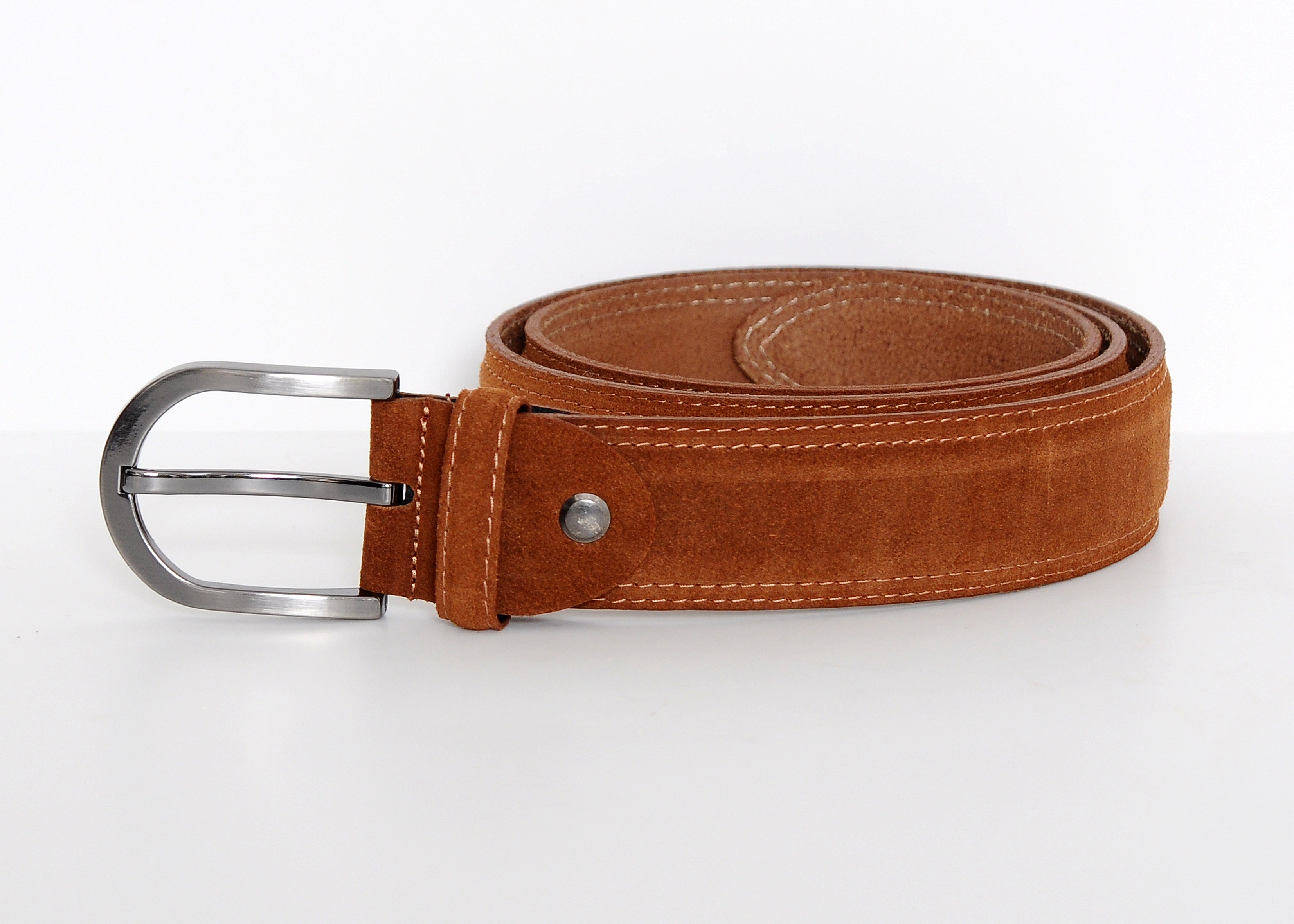 Sagrada Tan Suede Belt showcasing its luxurious suede finish and nickel-free buckle, elegantly displayed in a gift box.