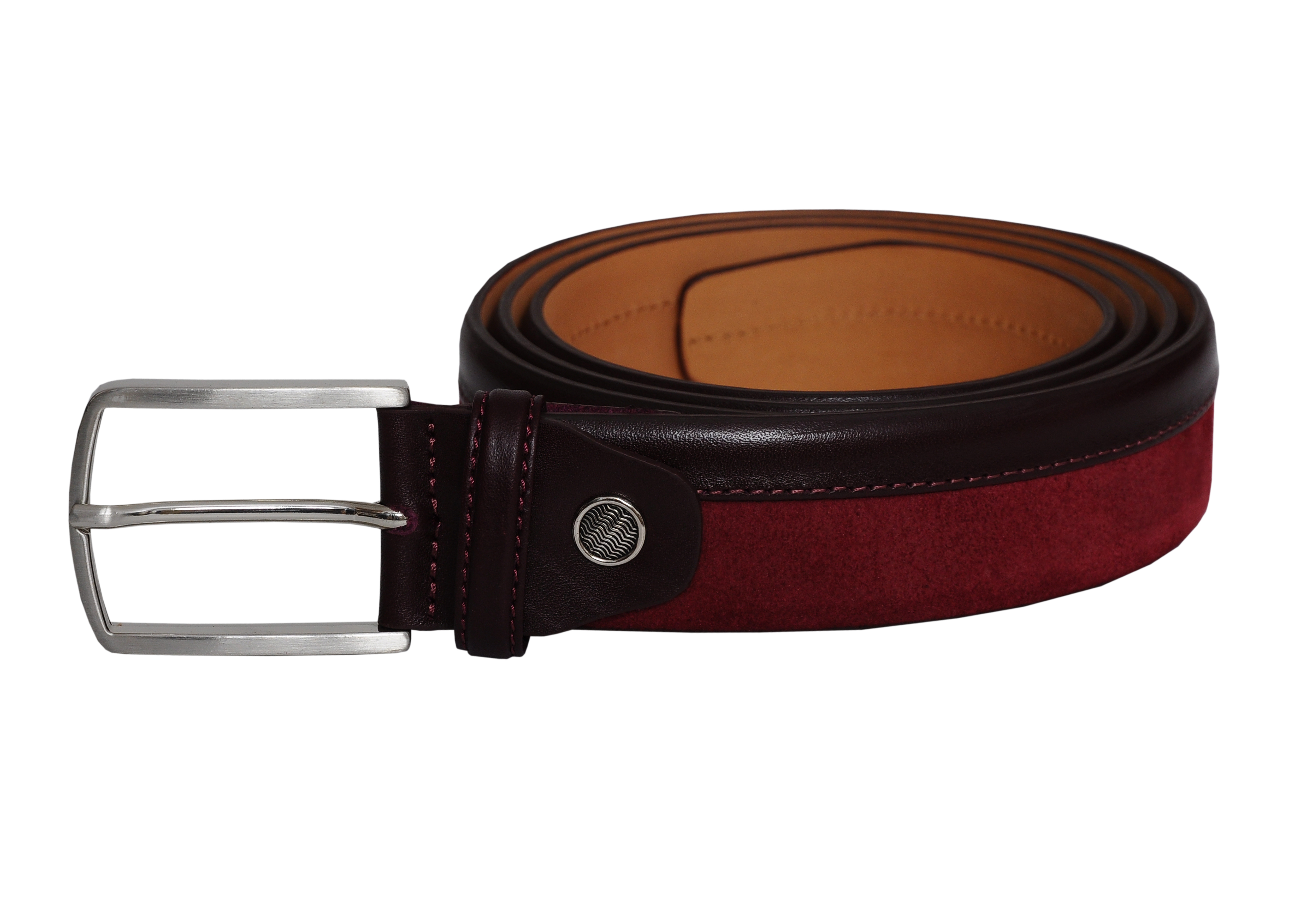 Siene Burgundy Leather Men Suede Belt featuring rich burgundy suede, dark leather trim, and a sleek silver buckle, elegantly displayed.