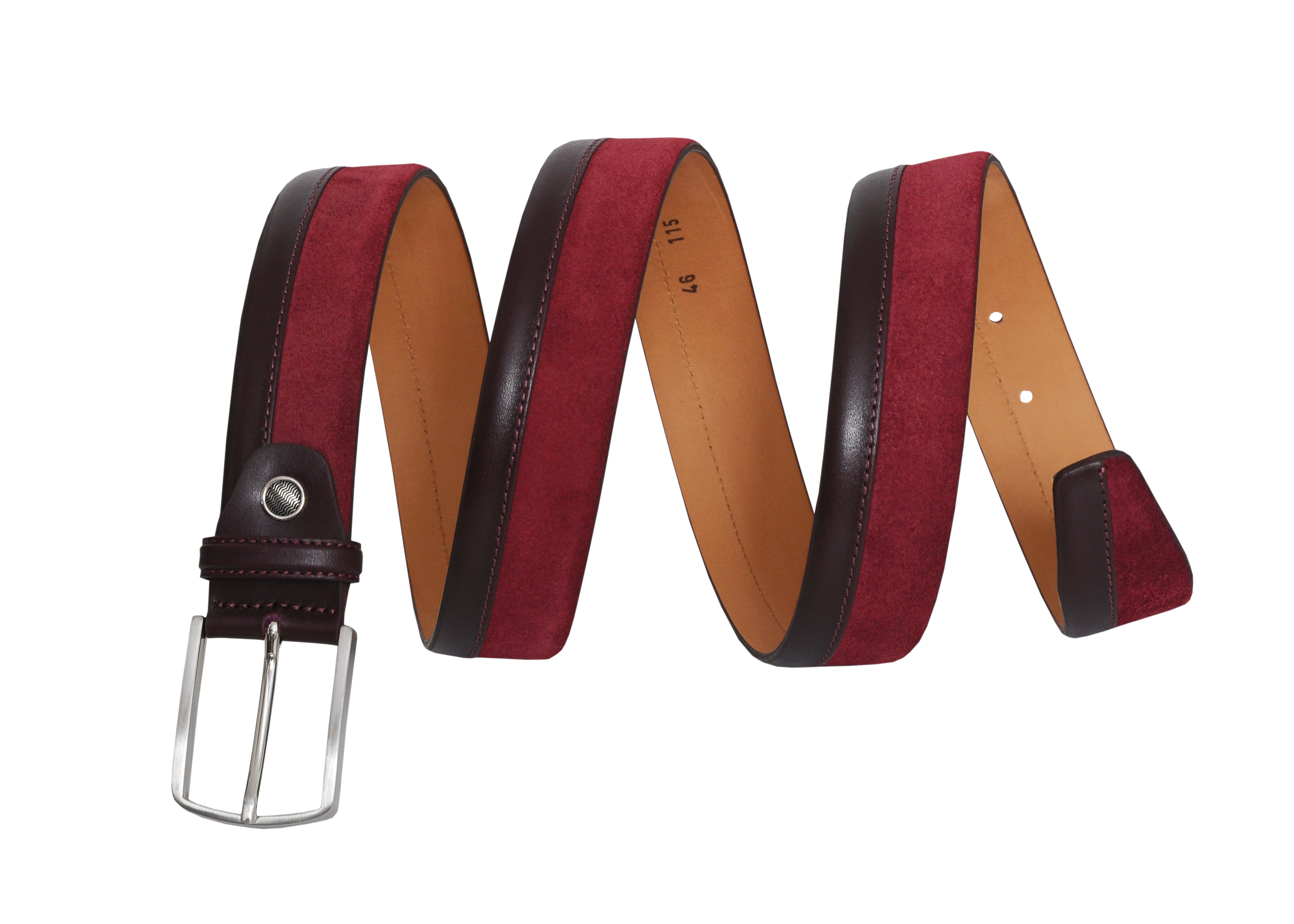 Siene Burgundy Leather Men Suede Belt featuring rich burgundy suede, dark leather trim, and a sleek silver buckle, elegantly displayed.