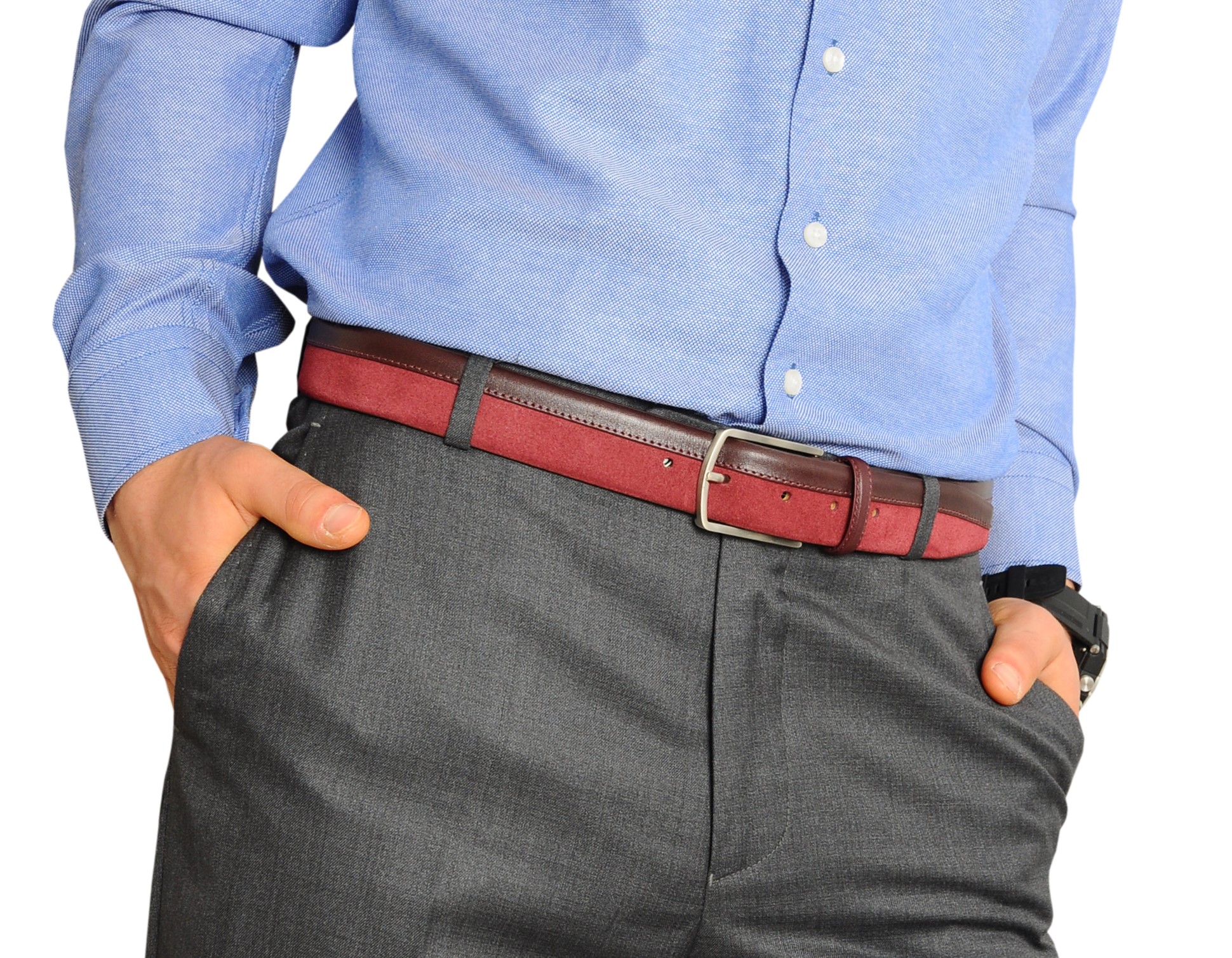 Siene Burgundy Leather Men Suede Belt featuring rich burgundy suede, dark leather trim, and a sleek silver buckle, elegantly displayed.