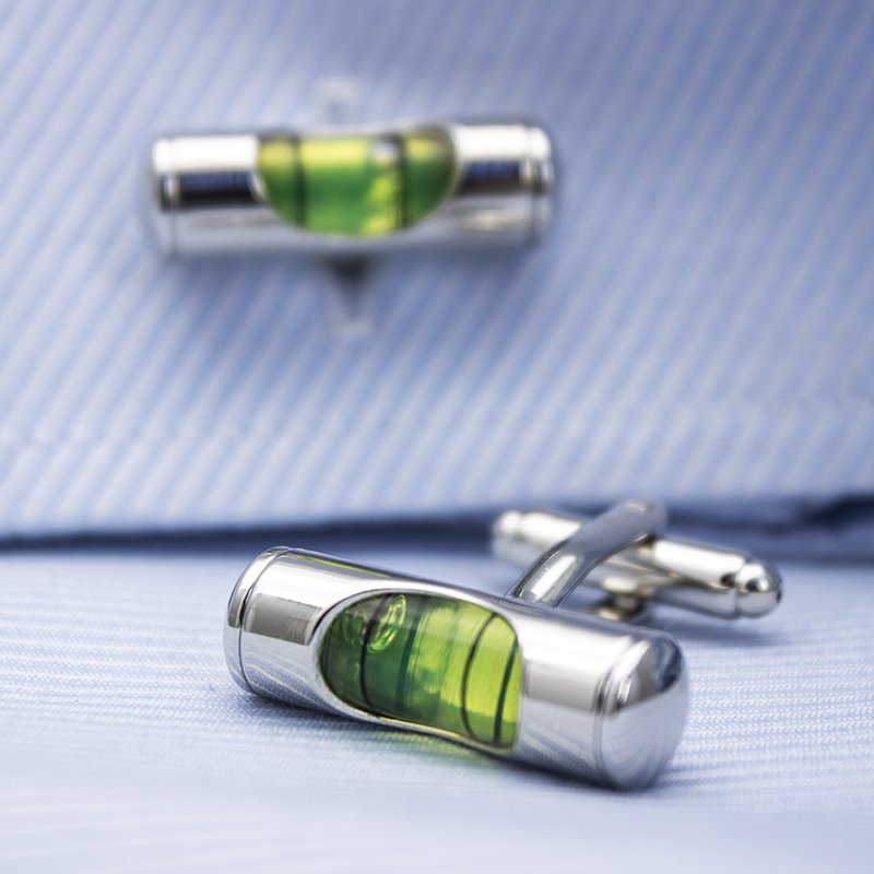 Stylish Bubble Level Cufflinks made of stainless steel with a polished rhodium finish, displayed in an elegant gift box.