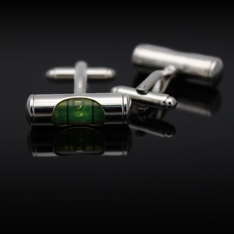 Stylish Bubble Level Cufflinks made of stainless steel with a polished rhodium finish, displayed in an elegant gift box.