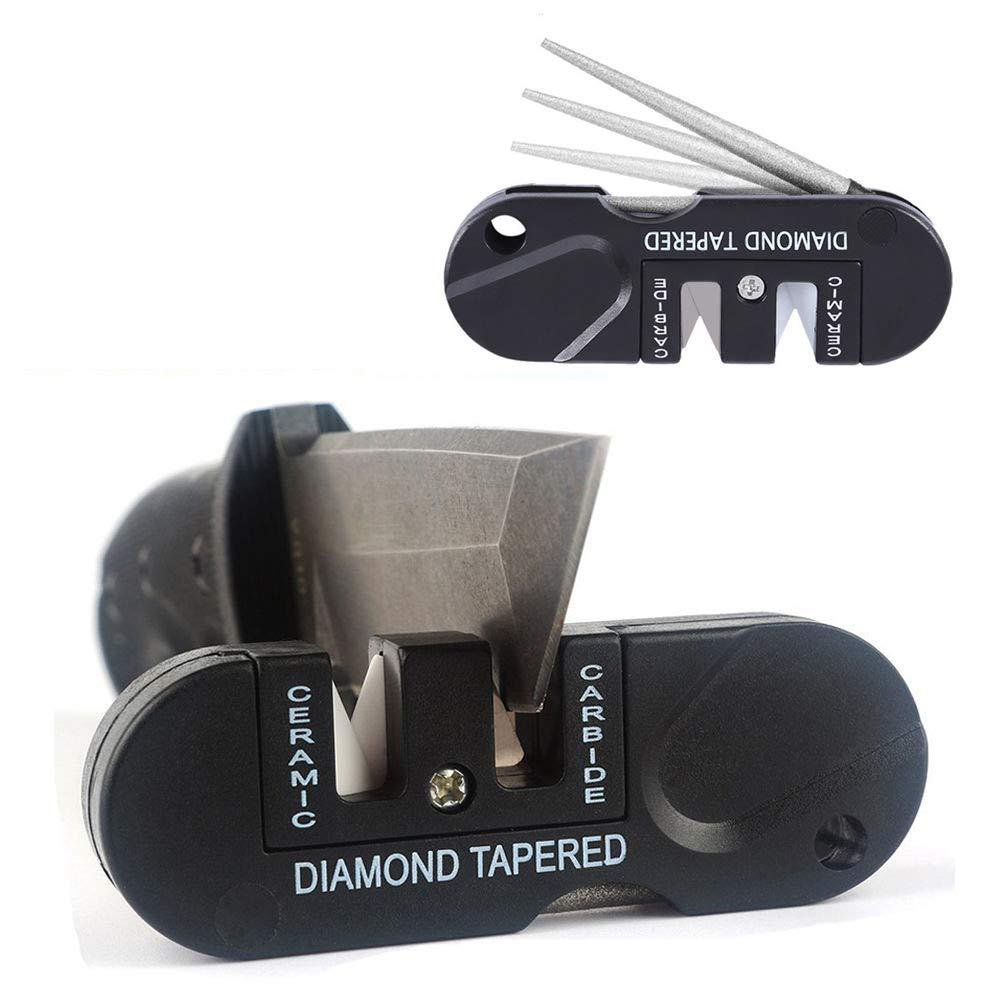 Compact Knife Sharpener Key Ring with carbide blades and ceramic stones for quick sharpening.