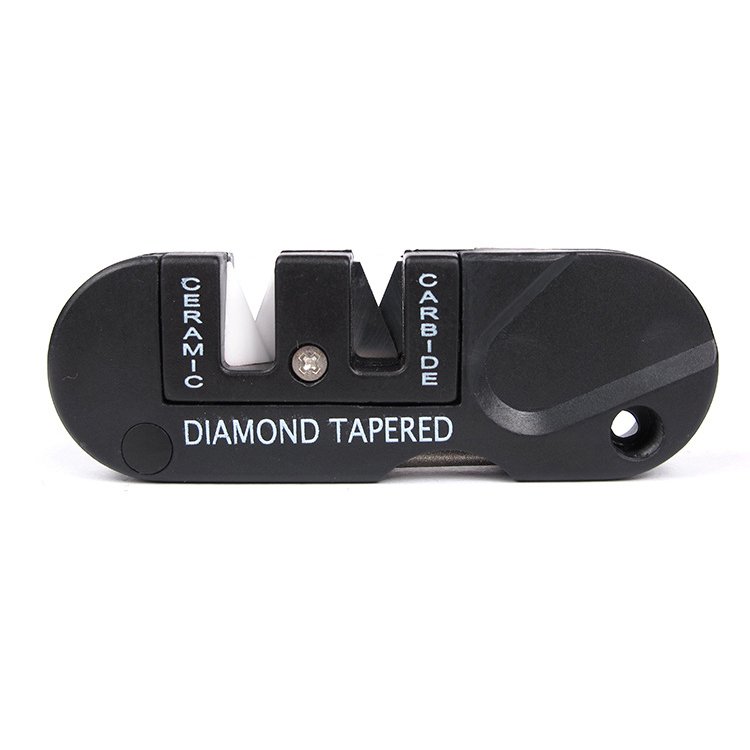 Compact Knife Sharpener Key Ring with carbide blades and ceramic stones for quick sharpening.