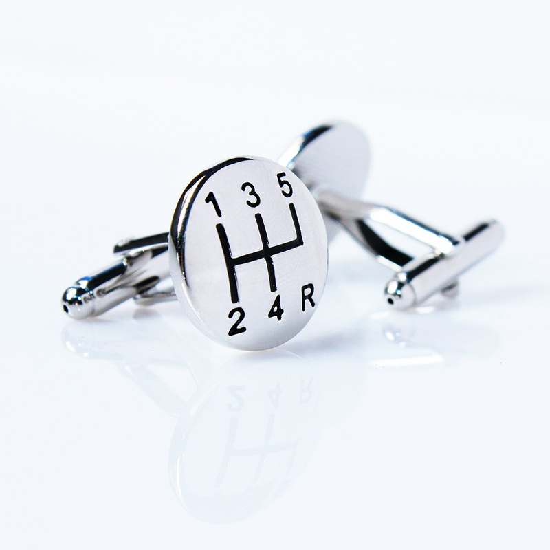 Stylish Manual Transmission Cufflinks made of argentan and rhodium, featuring a detailed gear shift design, presented in a gift box.