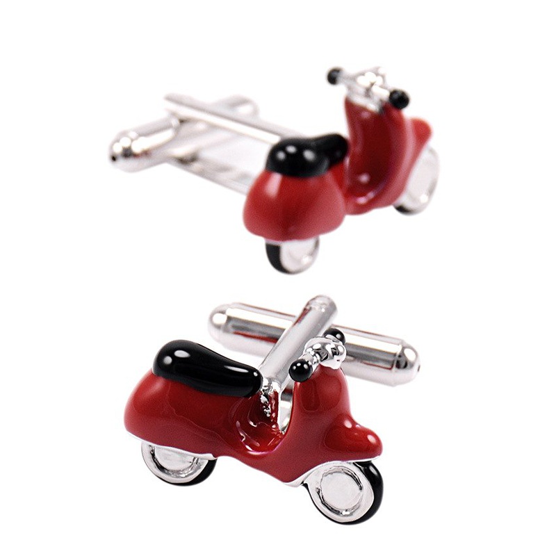 A pair of stylish motorcycle cufflinks made from stainless steel and rhodium plated, presented in a hard-sided gift box.