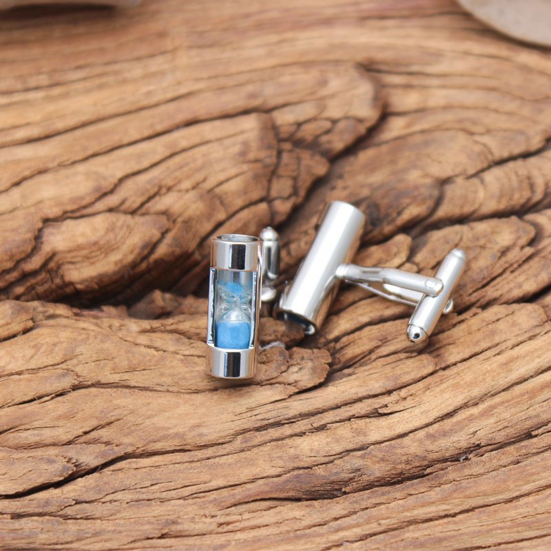 Sandy Clock Cufflinks made of titanium alloy featuring an elegant clock design, presented in a stylish hard-sided box.