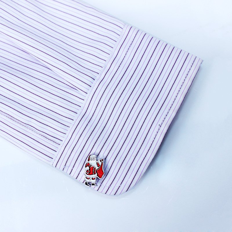 A pair of Santa Claus cufflinks made from stainless steel with a shiny rhodium plating, presented in a stylish gift box.