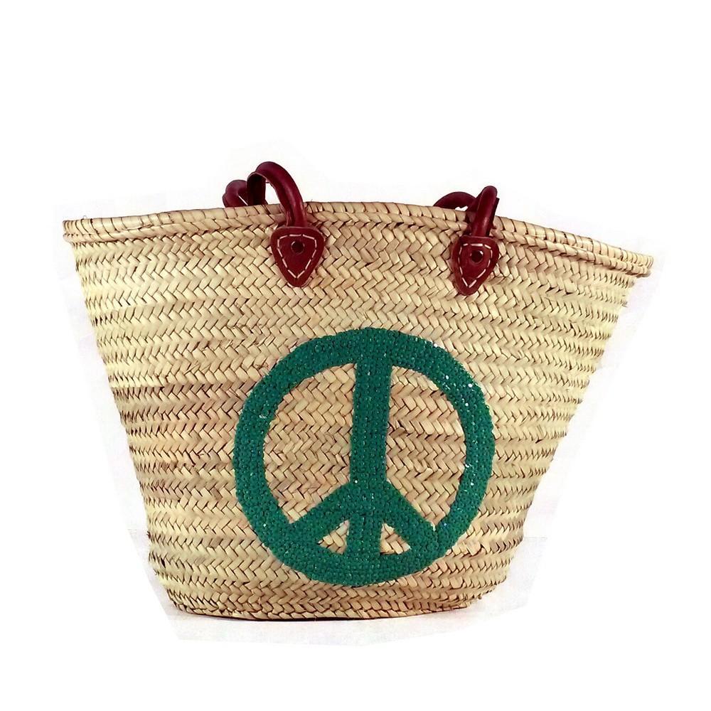 Abella Large Straw Basket featuring a vibrant green peace sign, handmade with glitter sequins and natural leather arches.