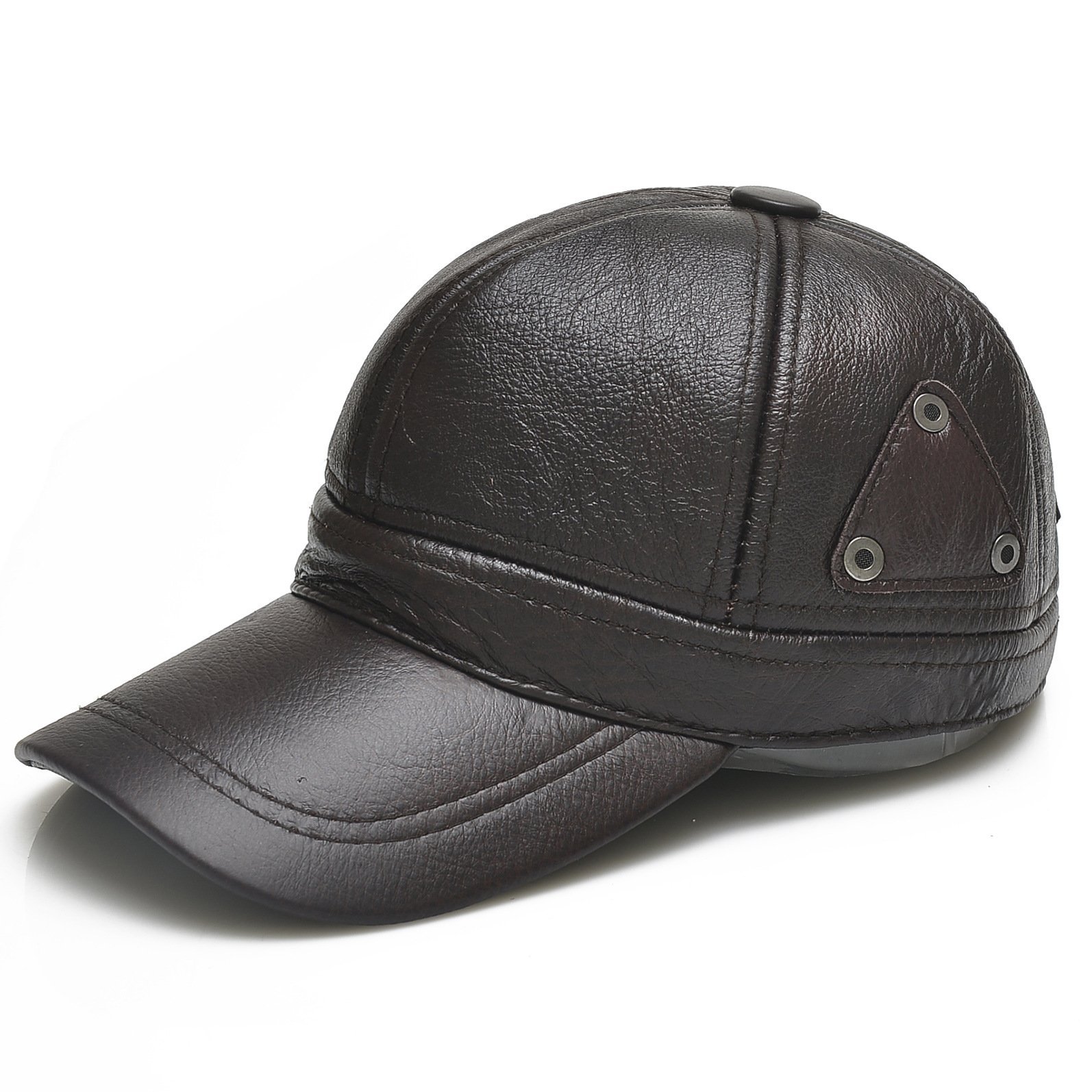 Adjustable padded baseball cap for men made of cowhide leather, featuring a dome top and flat eaves design.