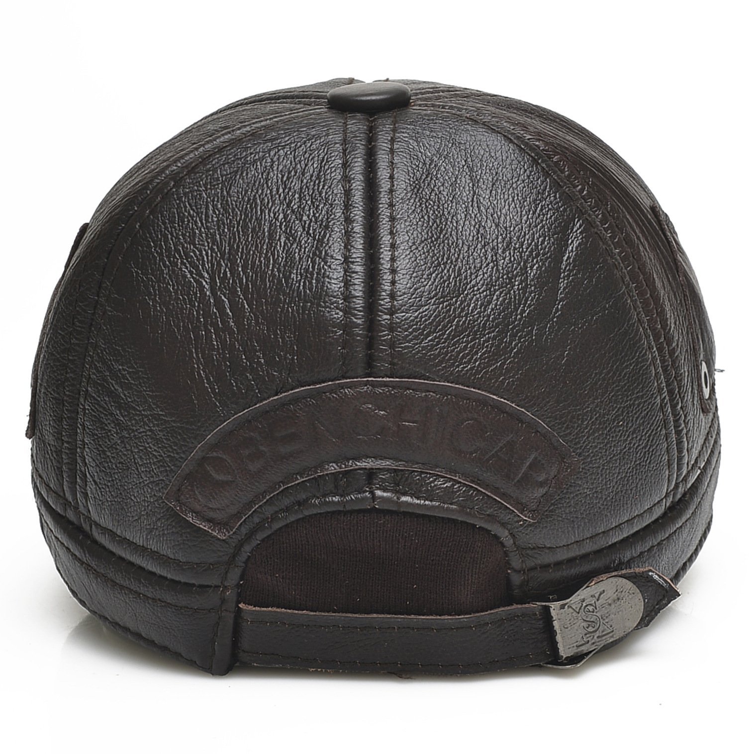 Adjustable padded baseball cap for men made of cowhide leather, featuring a dome top and flat eaves design.