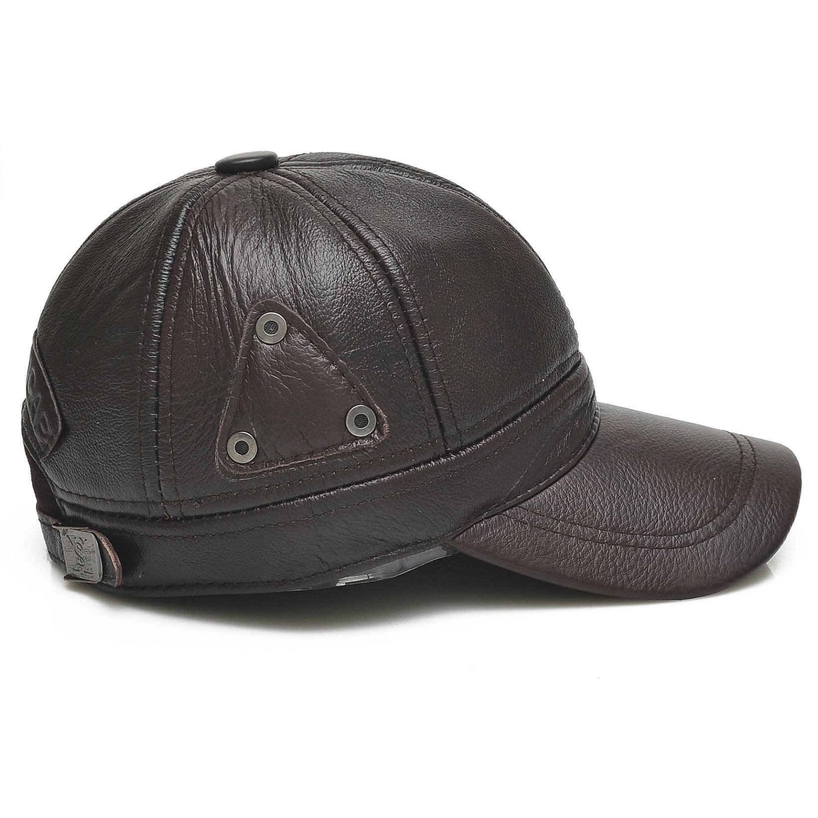 Adjustable padded baseball cap for men made of cowhide leather, featuring a dome top and flat eaves design.
