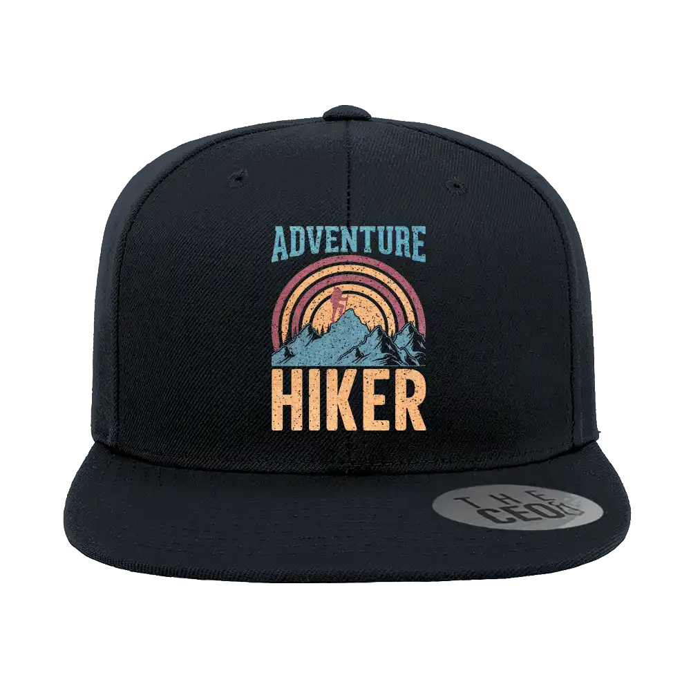 Adventure Hiker Embroidered Flat Bill Cap featuring a structured design, green under visor, and snapback closure, perfect for outdoor activities.