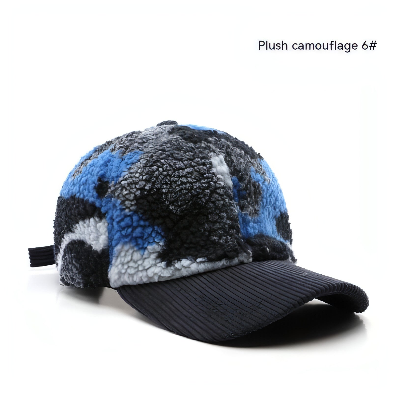 Assorted colors plush camouflage baseball cap designed for outdoor warmth and style, featuring an adjustable strap and soft material.