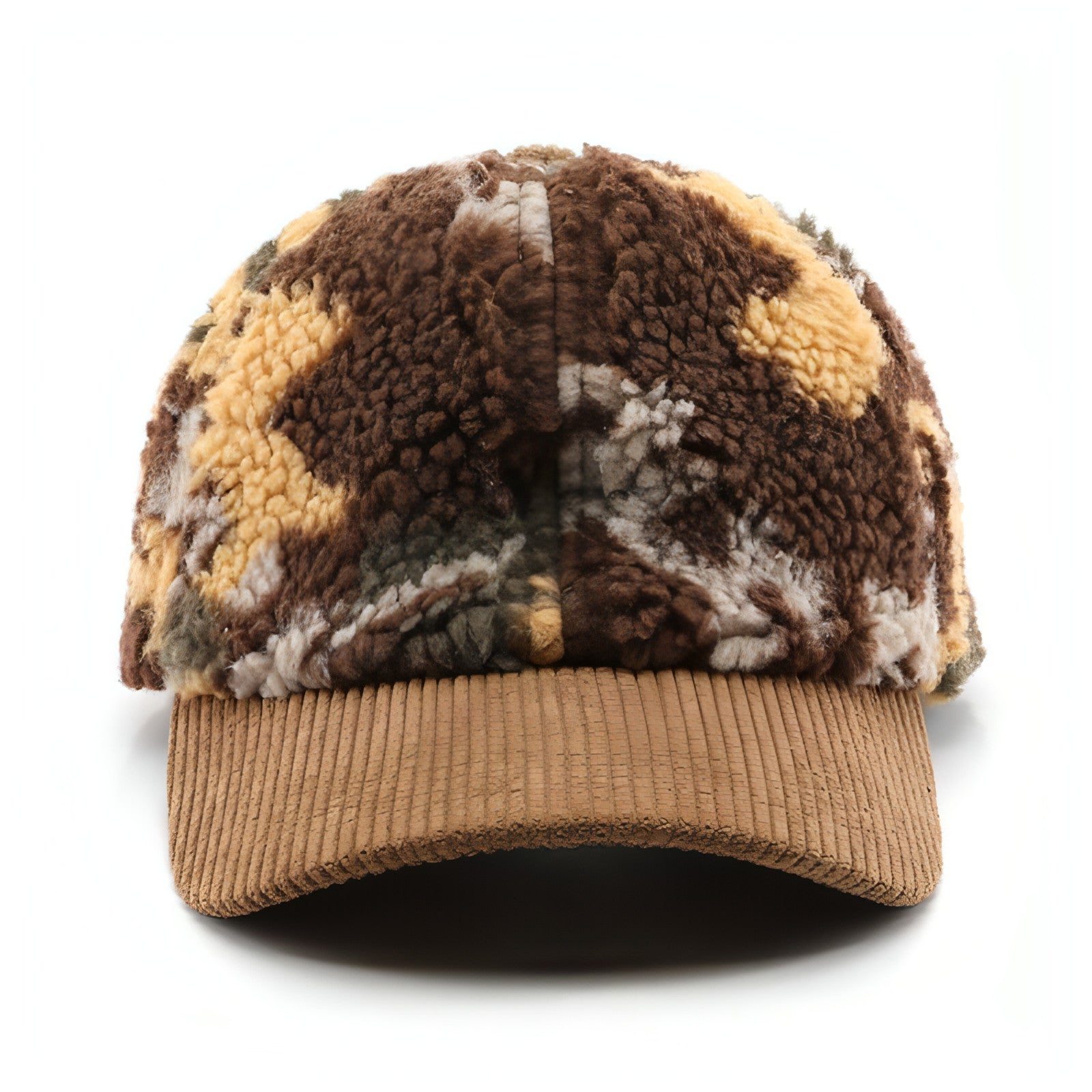 Assorted colors plush camouflage baseball cap designed for outdoor warmth and style, featuring an adjustable strap and soft material.