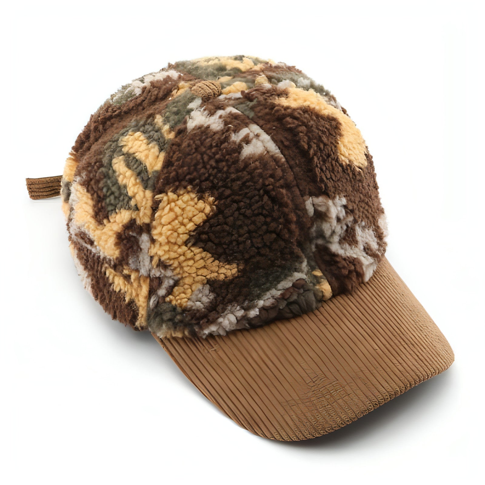 Assorted colors plush camouflage baseball cap designed for outdoor warmth and style, featuring an adjustable strap and soft material.