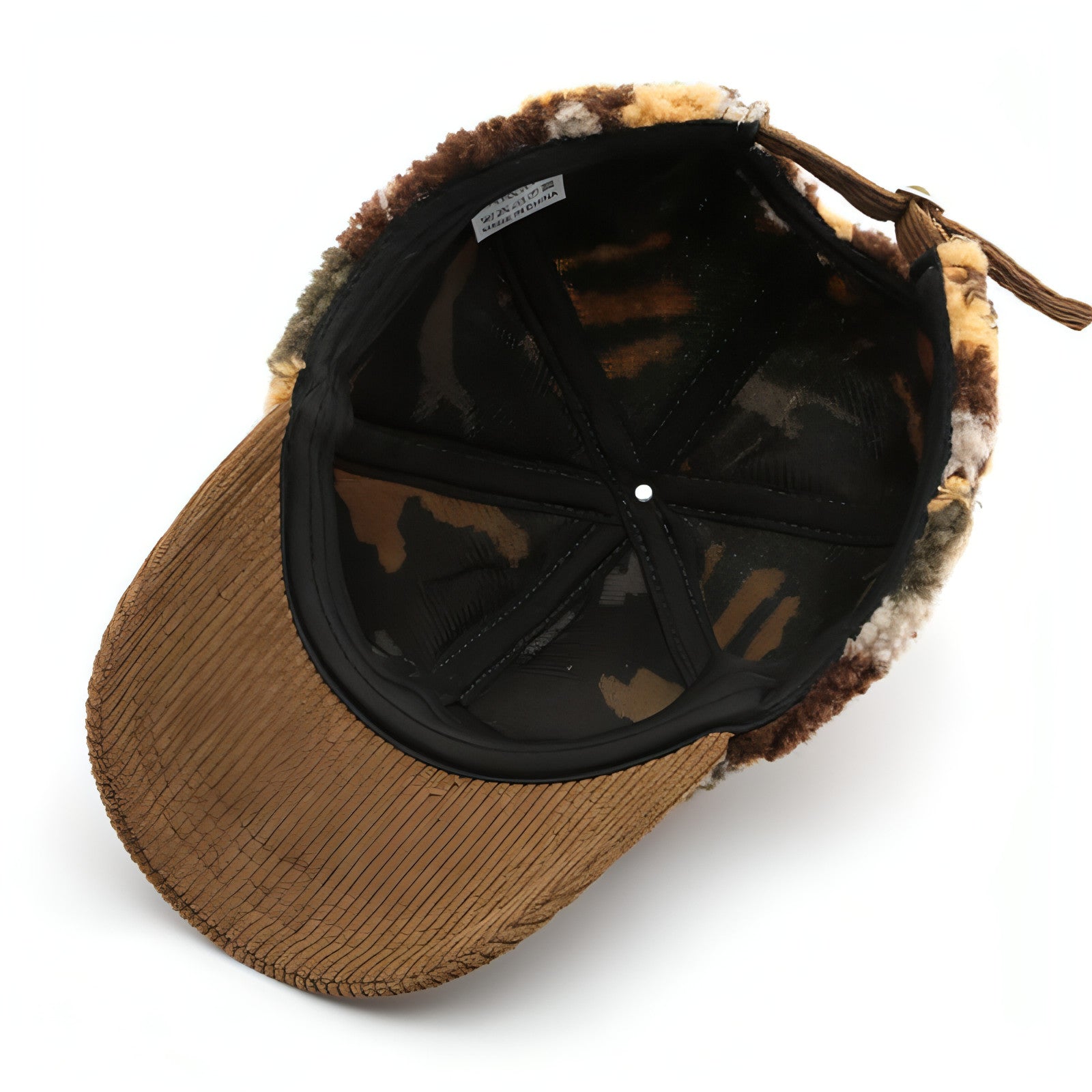 Assorted colors plush camouflage baseball cap designed for outdoor warmth and style, featuring an adjustable strap and soft material.