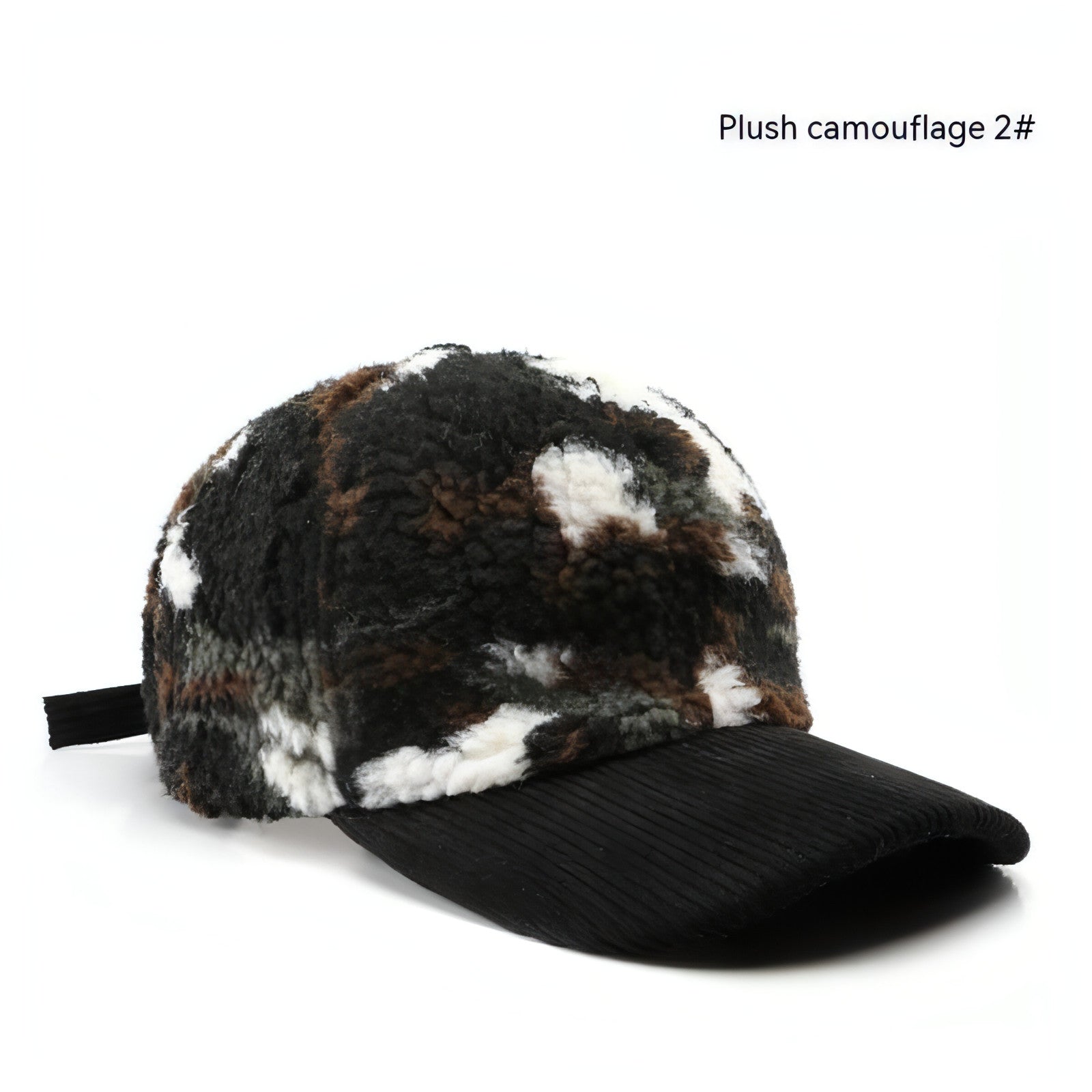 Assorted colors plush camouflage baseball cap designed for outdoor warmth and style, featuring an adjustable strap and soft material.