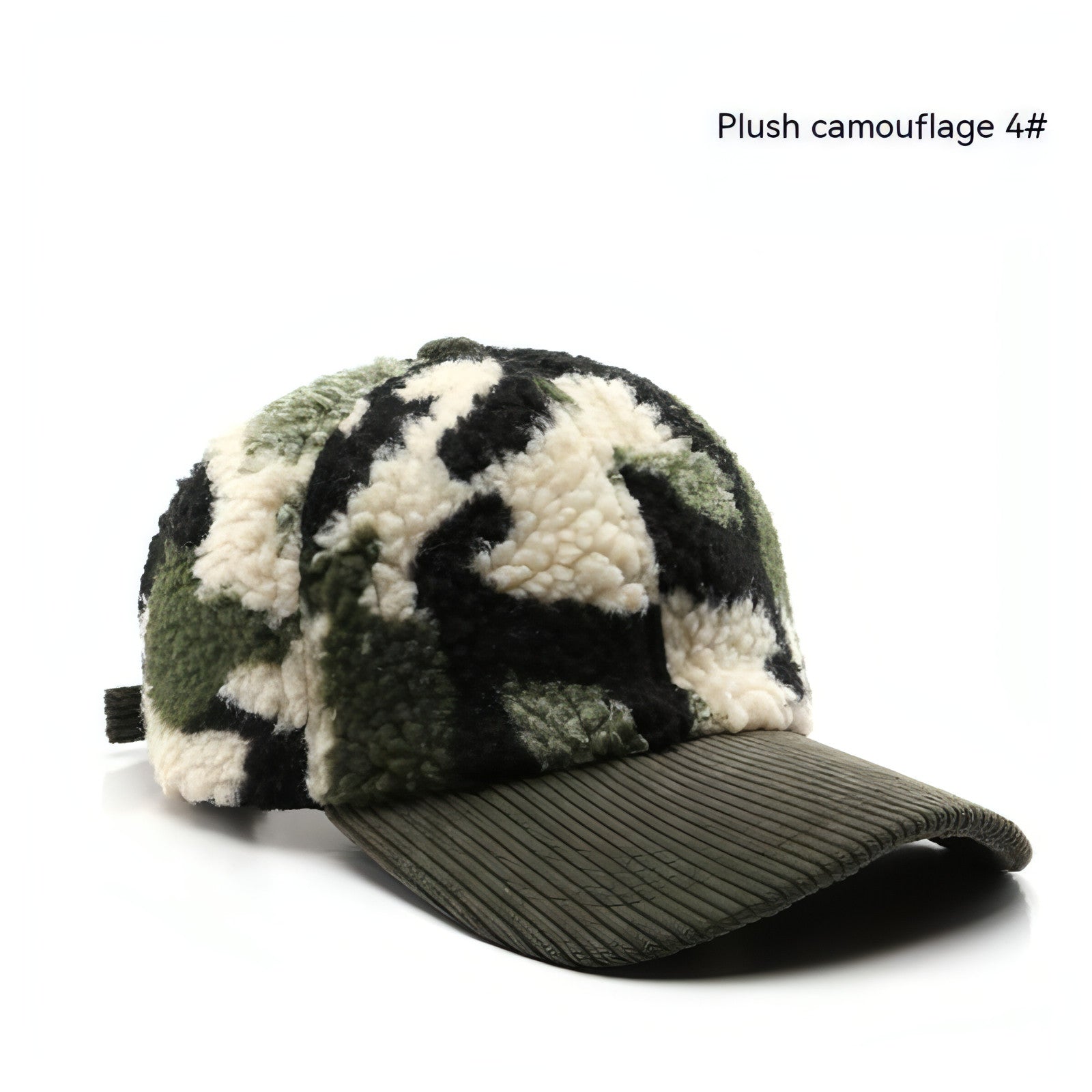 Assorted colors plush camouflage baseball cap designed for outdoor warmth and style, featuring an adjustable strap and soft material.