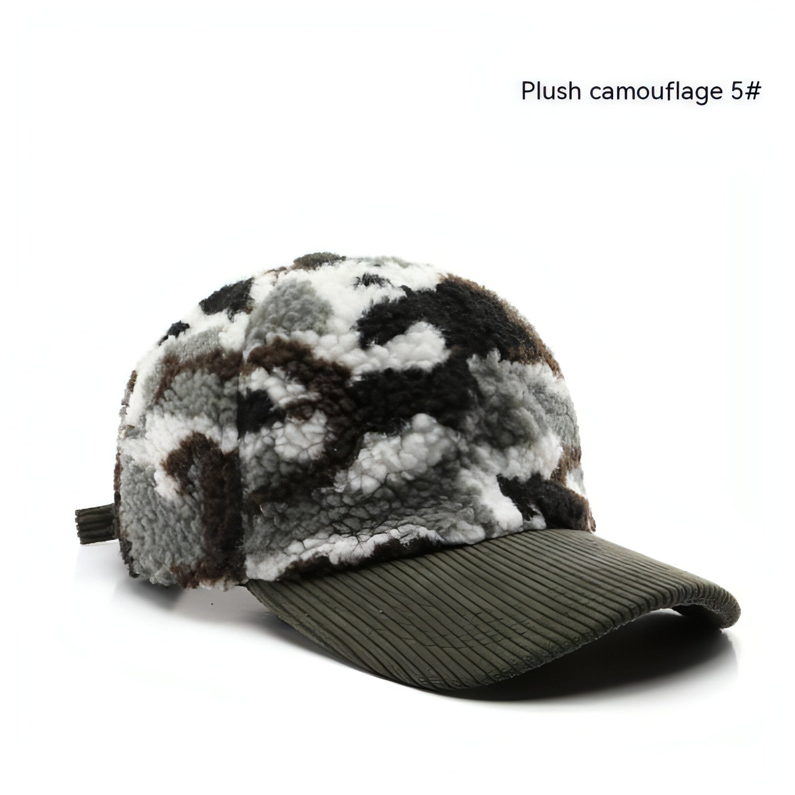 Assorted colors plush camouflage baseball cap designed for outdoor warmth and style, featuring an adjustable strap and soft material.