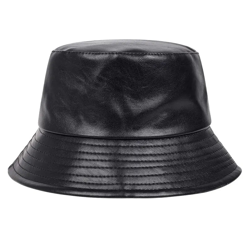 Bad Boy Bucket Beach Hat in black faux leather, stylish and unisex design suitable for casual outings.