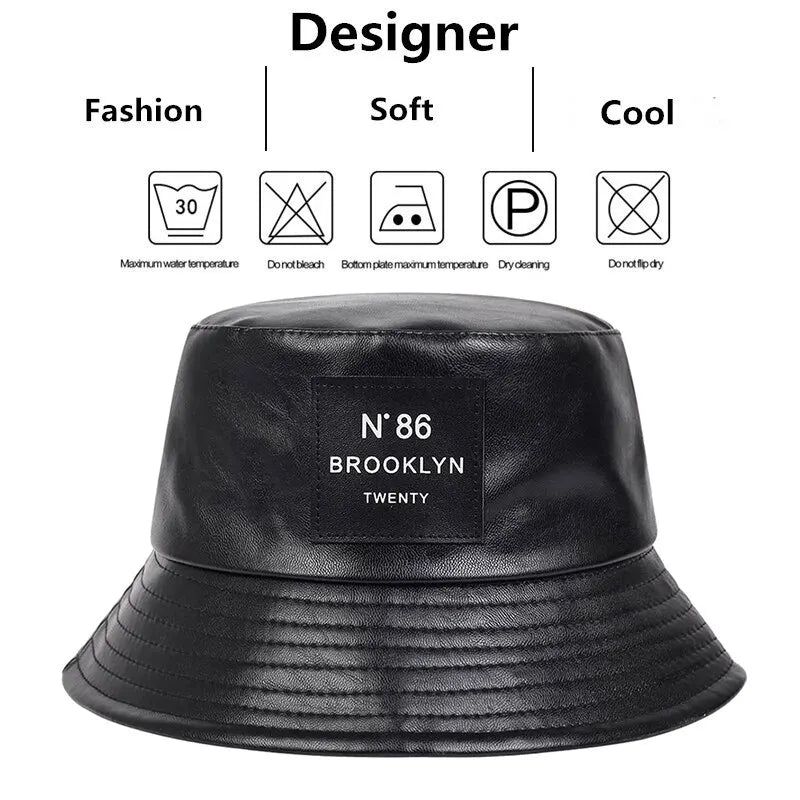 Bad Boy Bucket Beach Hat in black faux leather, stylish and unisex design suitable for casual outings.