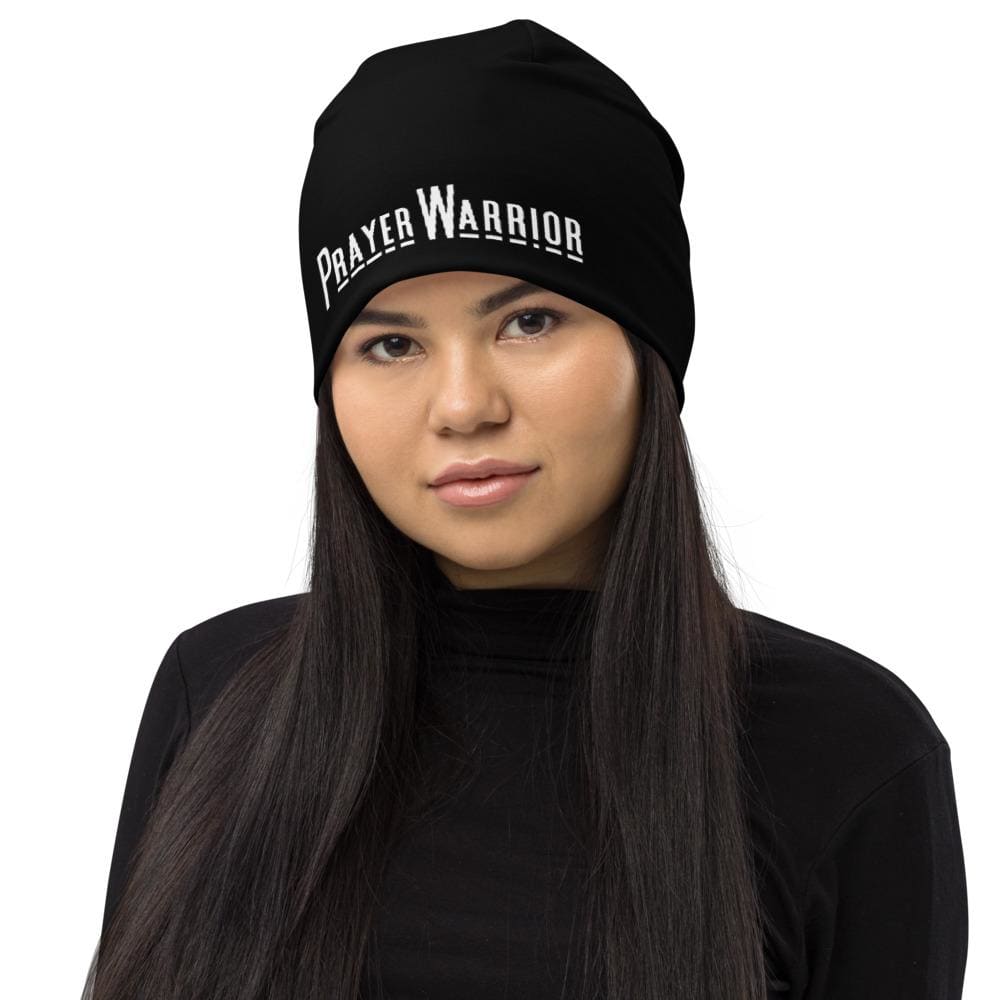 Black slouchy beanie hat featuring a Prayer Warrior print, designed for both men and women, showcasing a trendy and stylish look.