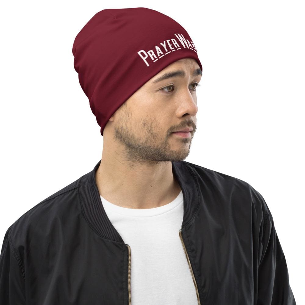 Burgundy slouchy beanie hat with Prayer Warrior print, designed for men and women, showcasing a trendy and stylish look.
