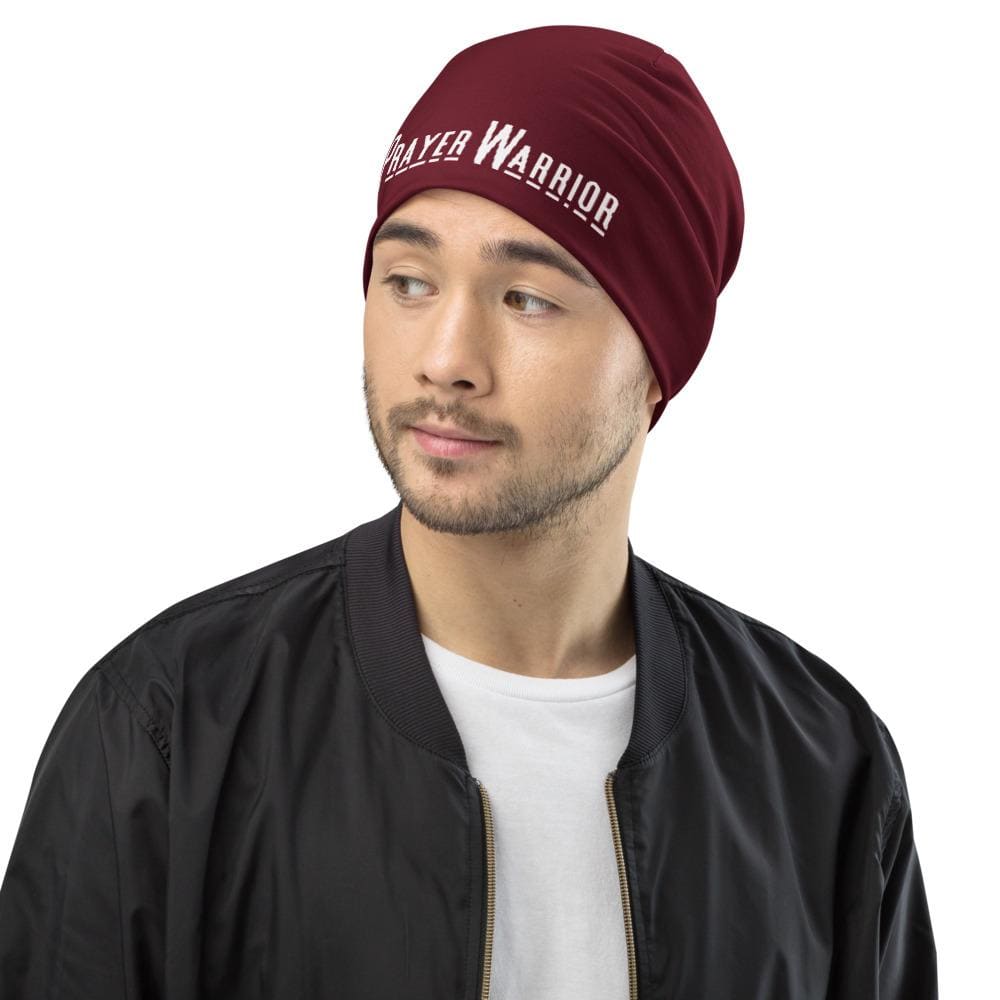 Burgundy slouchy beanie hat with Prayer Warrior print, designed for men and women, showcasing a trendy and stylish look.