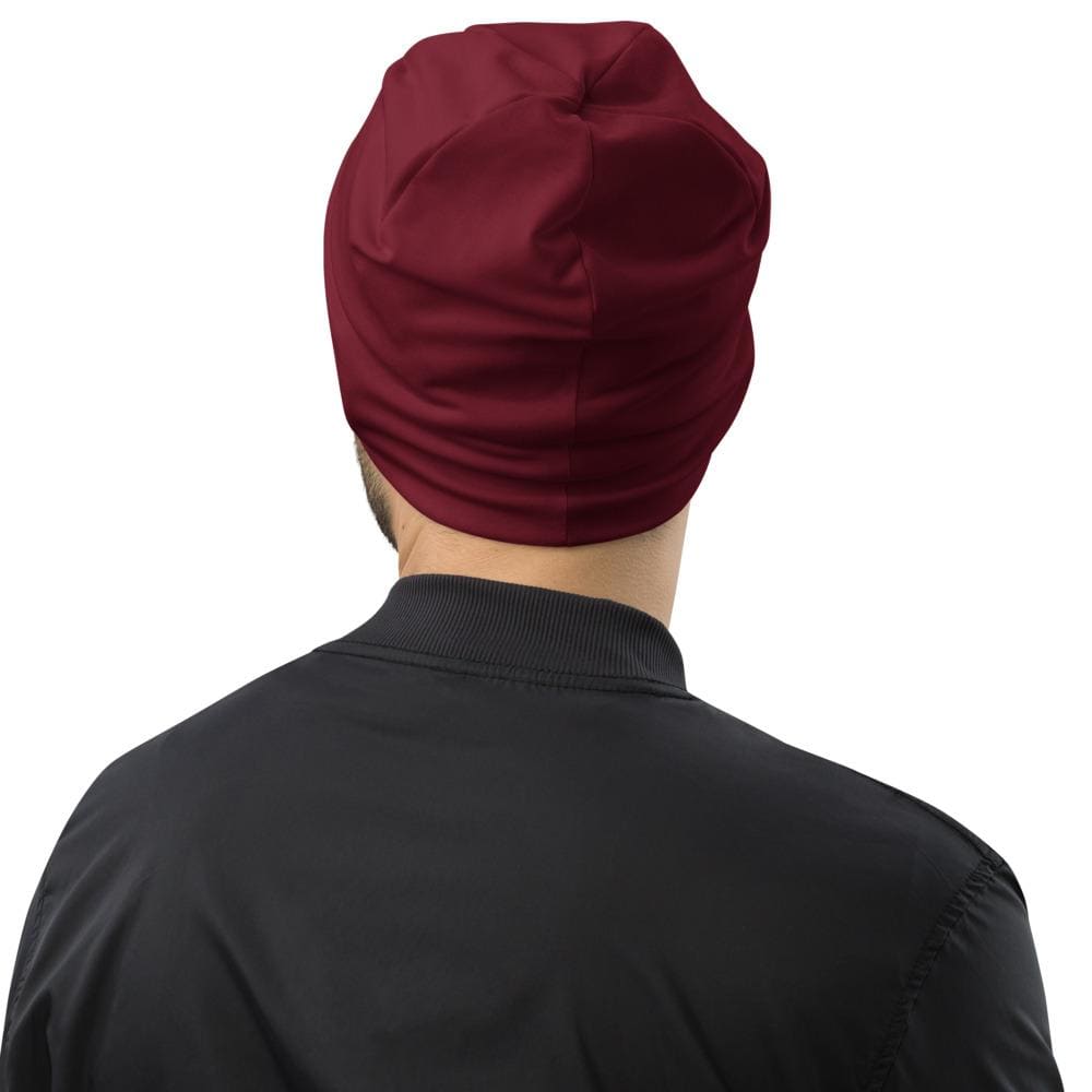 Burgundy slouchy beanie hat with Prayer Warrior print, designed for men and women, showcasing a trendy and stylish look.
