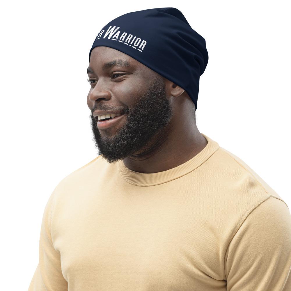 Dark blue slouchy beanie hat with Prayer Warrior print, designed for men and women, showcasing a trendy and stylish look.