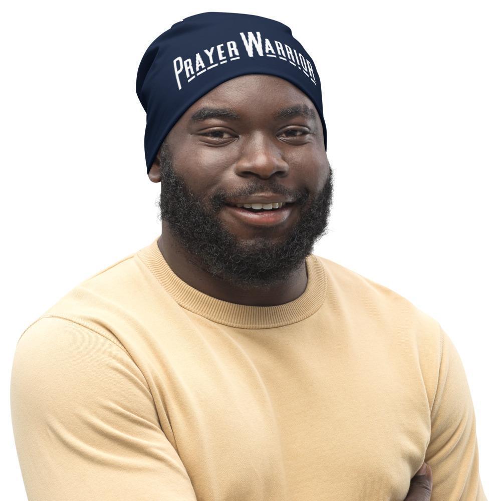Dark blue slouchy beanie hat with Prayer Warrior print, designed for men and women, showcasing a trendy and stylish look.