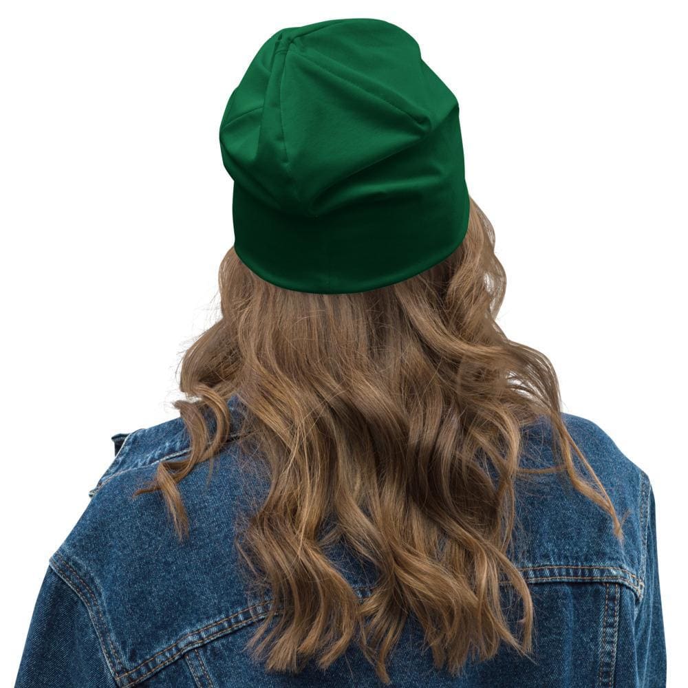 Dark green slouchy beanie hat with Prayer Warrior print, designed for men and women, showcasing a stylish and trendy look.