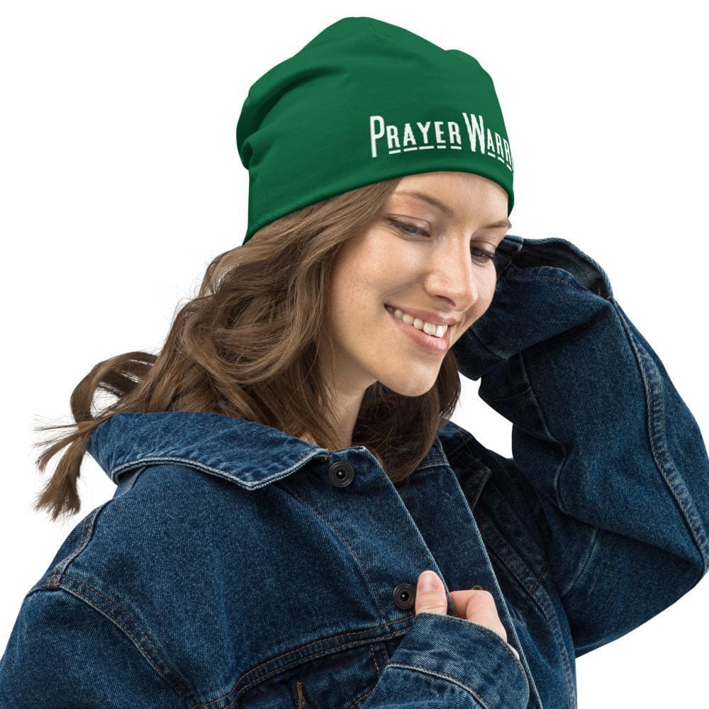 Dark green slouchy beanie hat with Prayer Warrior print, designed for men and women, showcasing a stylish and trendy look.