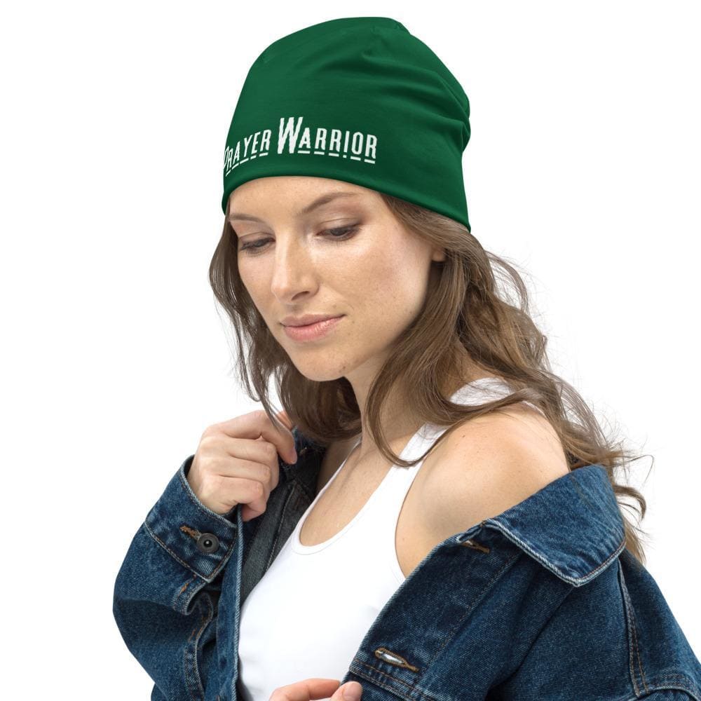 Dark green slouchy beanie hat with Prayer Warrior print, designed for men and women, showcasing a stylish and trendy look.