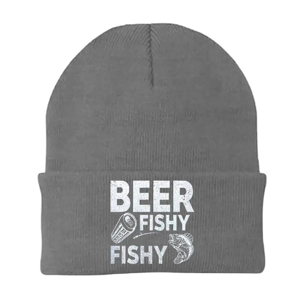 Beer Fishy Fishy Embroidered Beanie showcasing unique design and comfortable fit, perfect for all seasons.