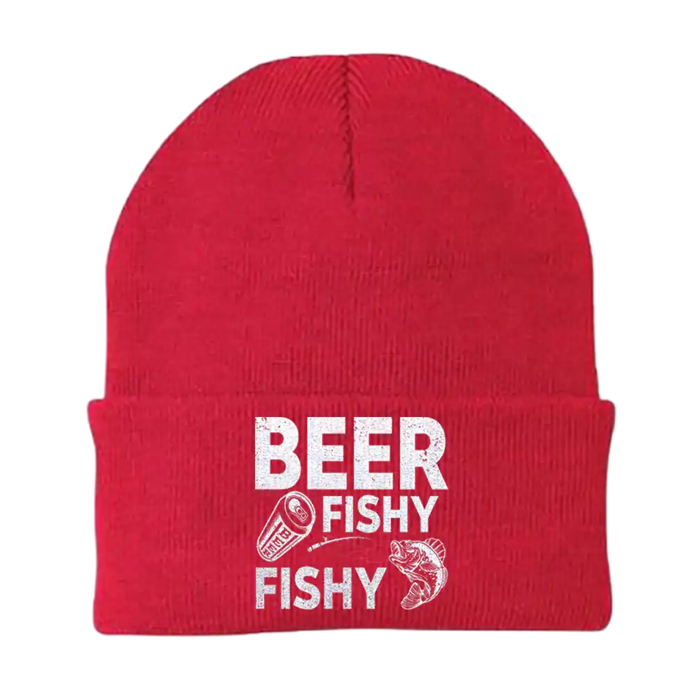 Beer Fishy Fishy Embroidered Beanie showcasing unique design and comfortable fit, perfect for all seasons.