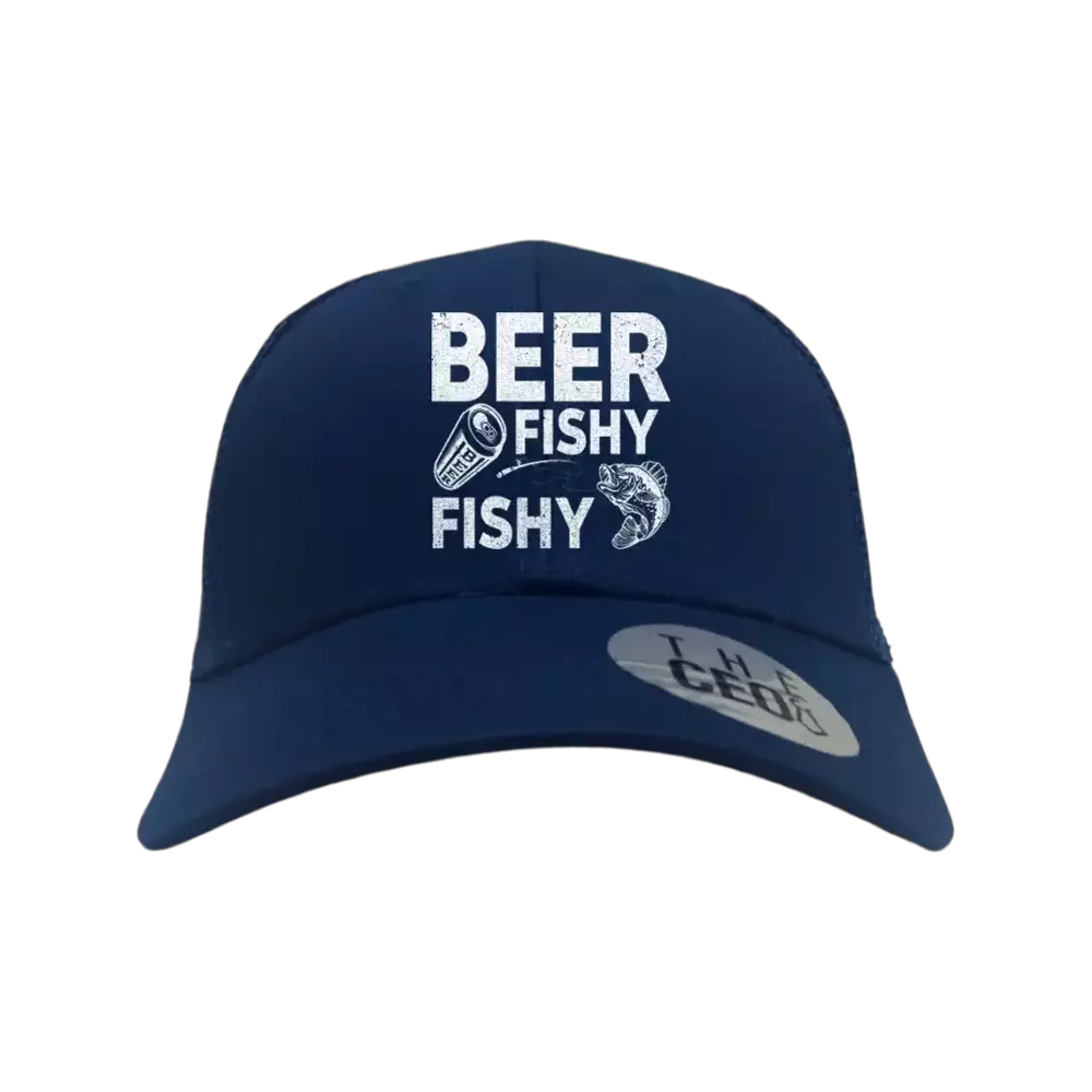 Beer Fishy Fishy Embroidered Trucker Hat with unique design and snapback closure, perfect for casual wear.