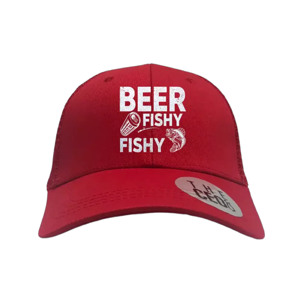 Beer Fishy Fishy Embroidered Trucker Hat with unique design and snapback closure, perfect for casual wear.