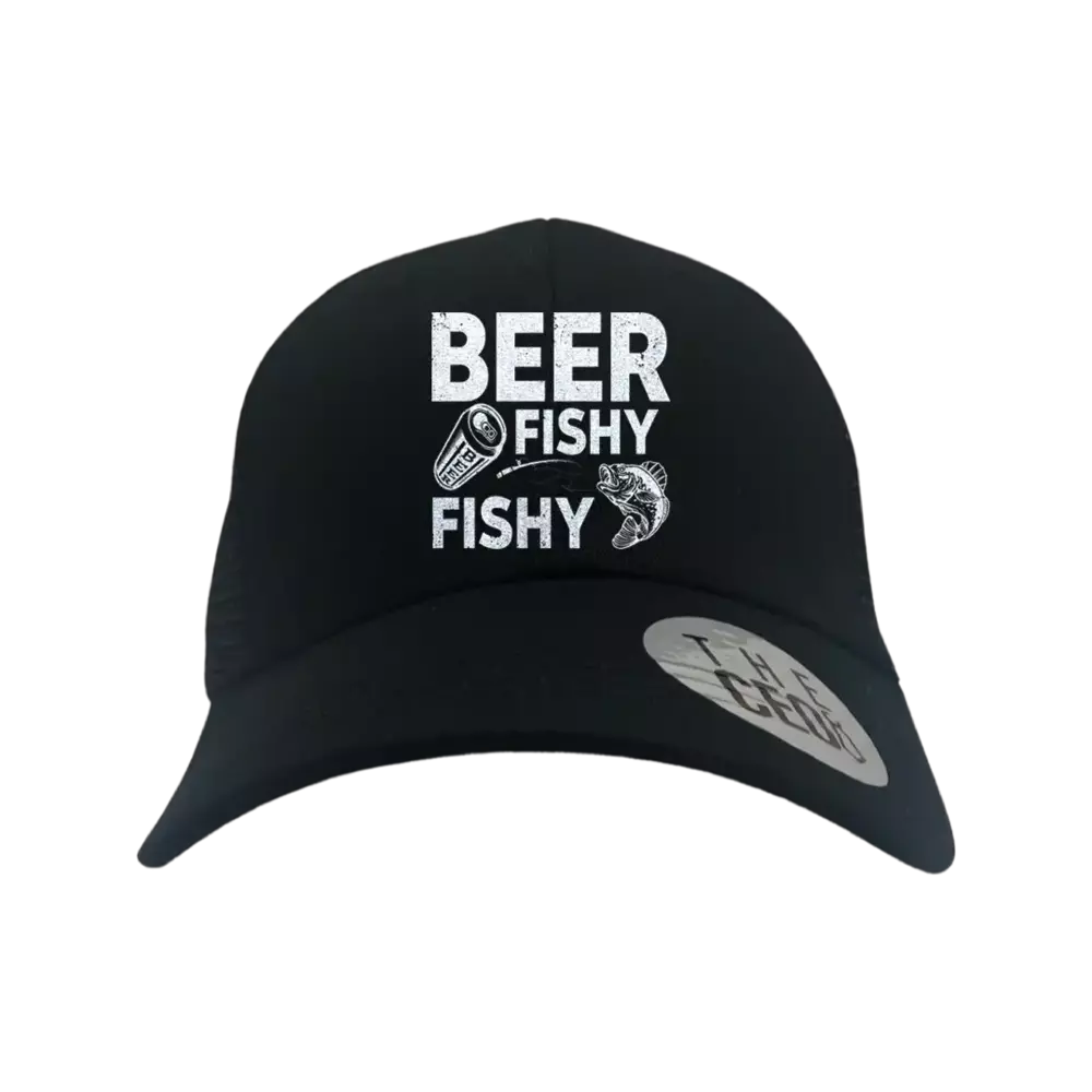 Beer Fishy Fishy Embroidered Trucker Hat with unique design and snapback closure, perfect for casual wear.