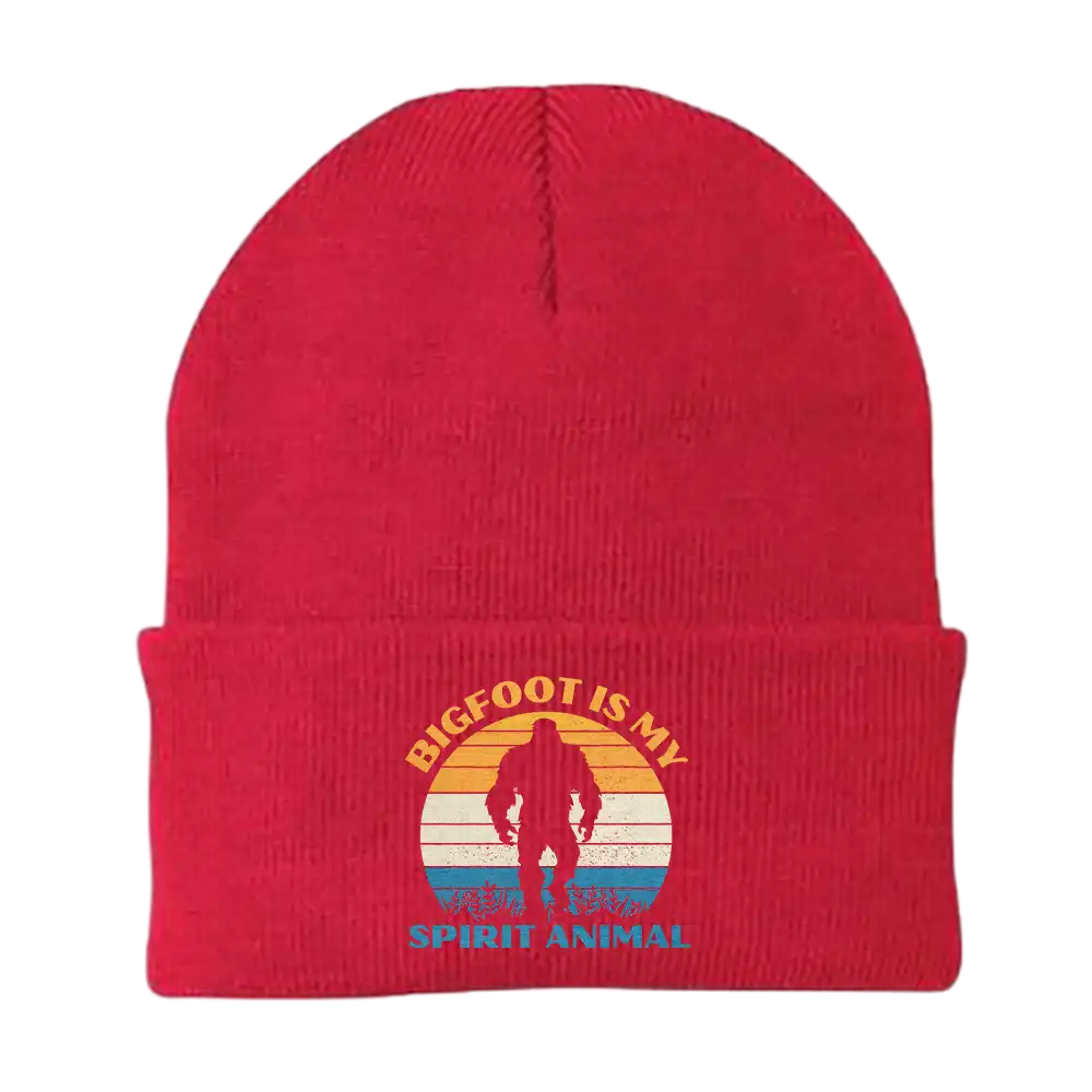 A stylish embroidered beanie featuring the phrase 'Bigfoot Is My Spirit Animal', made from a soft cotton-acrylic blend, perfect for casual wear.