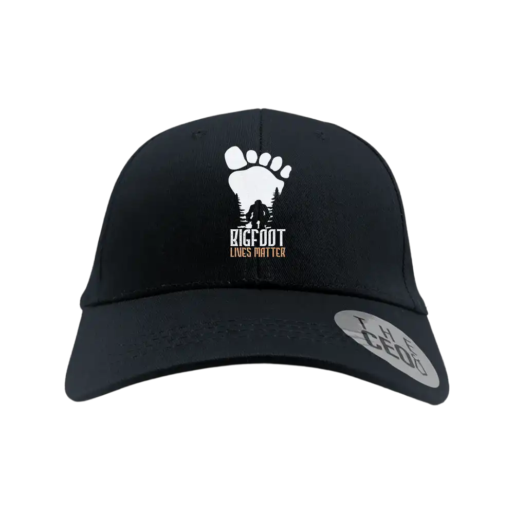 Bigfoot Lives Matter Embroidered Baseball Hat featuring a unique design and snapback closure, made from 100% cotton.