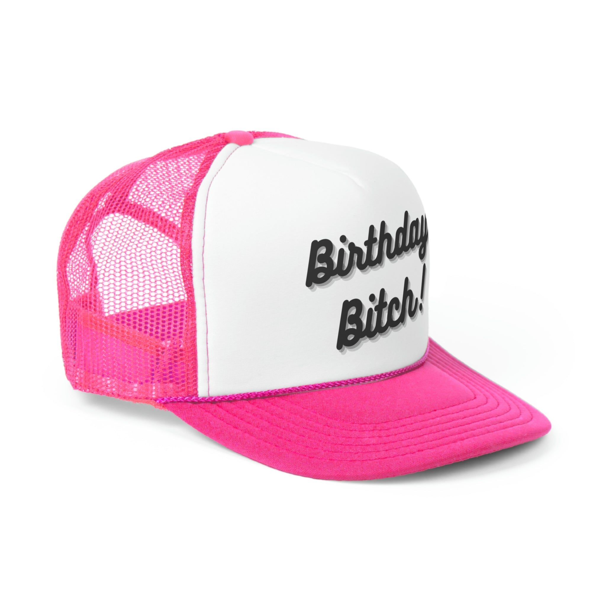 A stylish Birthday Bitch Trucker Hat featuring a bold design with a polyester front and mesh back, perfect for celebrations.