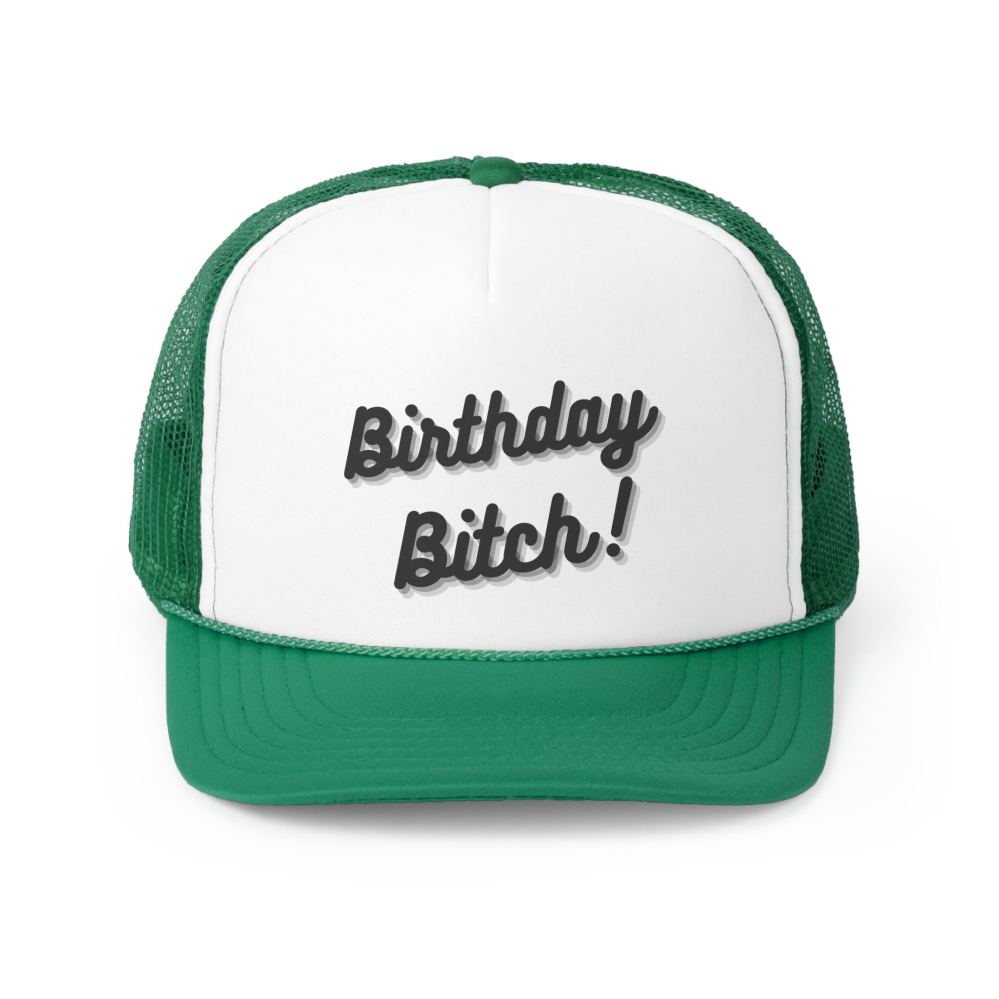 A stylish Birthday Bitch Trucker Hat featuring a bold design with a polyester front and mesh back, perfect for celebrations.
